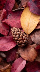 Single pine cone lies nestled among a bed of colorful autumn leaves, creating a beautiful display of nature's seasonal transformation in a forest setting