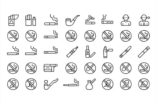 Vector outline icons of cigarette, vape, and no smoking signs for health awareness