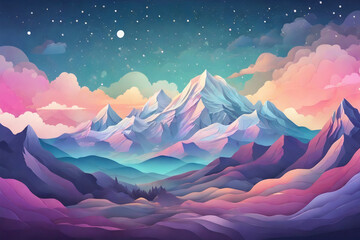 Dreamy Pastel Mountain Landscape Under the Stars  || High quality Illustration 300dpi
