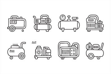 Black and white vector icons of pneumatic and mechanical equipment