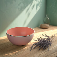 Minimalist pink ceramic bowl with lavender and sunlight shadows on textured surface illustration
