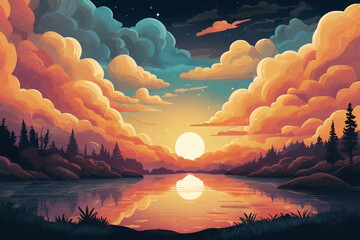 Golden Dusk &ndash; Dreamy Sunset Over a Reflective Lake || High Quality illustration 300dpi
