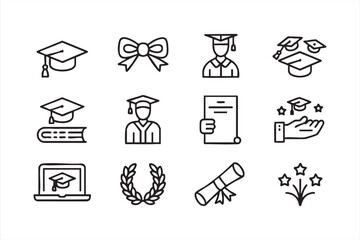 Graduation and education icons set in black and white line art style