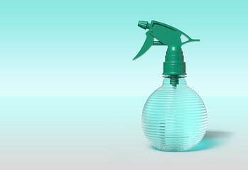 Transparent Plastic Spray Bottle on blue Background, Cleaning and Cosmetic Packaging Mockup