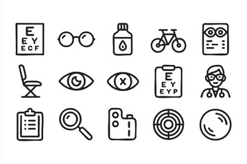 Vector icons of eye chart, glasses, and optometrist for medical design