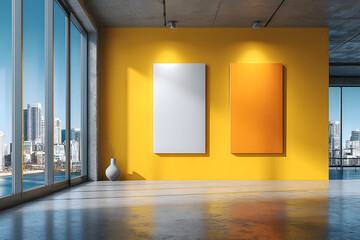 Two vertical blank posters on yellow wall in modern office with open workspace and panoramic windows for branding or advertising mockup concept. 3D Rendering