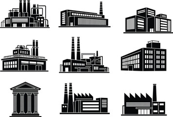 Industrial factory icon set, manufacturing plant silhouettes, energy production buildings, warehouse and power plant architecture symbols, heavy industry vector illustration for business design