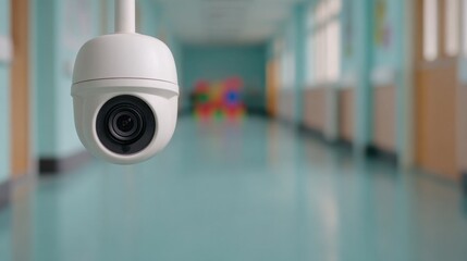 Surveillance camera monitoring in childcare facility safe environment with blurred toys and classrooms
