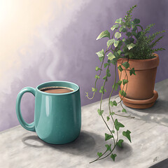 Turquoise coffee mug with plant and soft light captured in realistic digital art style illustration