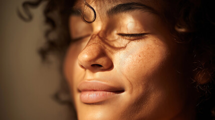 intimate close-up of a woman’s closed eyes and gentle smile, backlit by soft morning light, inner peace radiance