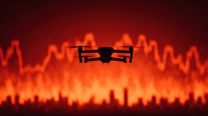 Drone surveying chaos above a burning city with financial graph lines in the background