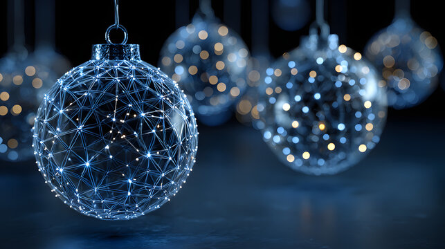 Uturistic wireframe christmas balls in low poly 3d style on blue background featuring glowing lines and digital festive decoration, perfect for modern merry christmas and new year 2026 banner design w - Powered by Adobe