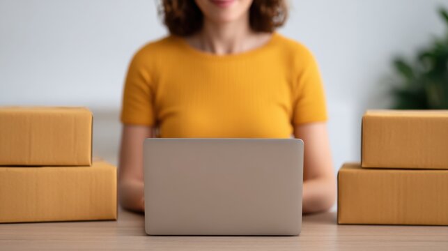 Female entrepreneur packing ecommerce box at desk laptop in home office environment for business growth - Powered by Adobe