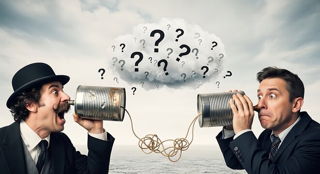 Two businessmen experiencing a communication breakdown, symbolized by a retro tin can phone and a cloud of confusing question marks