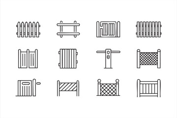 Vector outline icons of gates, walls, and security fences for design use