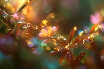 Dew drops glisten on a flower, with soft orange and pink hues. Use for greeting cards, inspirational art, or botanical blog posts.