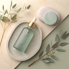 Minimalist beauty product flat lay with natural elements and soft color palette illustration