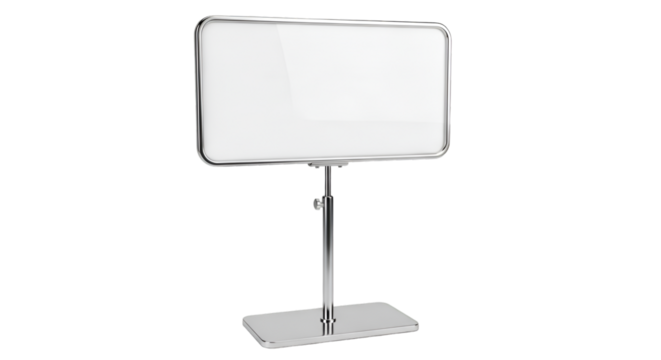 Silver display stand with blank white sign holder