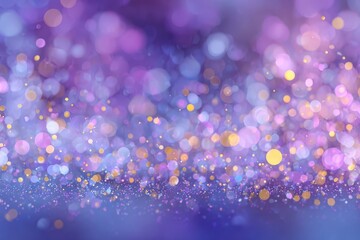 Obraz premium Purple and gold bokeh lights float with a glittery haze background. Use it to add a magical feeling to design work or holiday backgrounds.