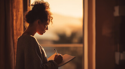 over-shoulder shot of a woman journaling in morning light near a window, warm tones, calm and reflective energy