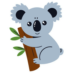 Cute Koala Hugging Eucalyptus Branch with Sparkling Eyes | Adorable Kawaii Koala Clinging to Tree | Charming Cartoon Koala with Big Shiny Eyes | Sweet Koala Illustration Holding Eucalyptus Leaves 