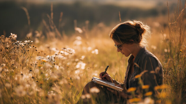 portrait of woman in meadow writing journal, afternoon sunlight, gratitude and balance