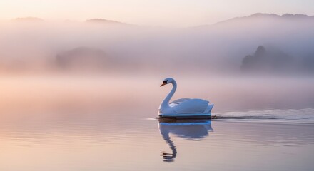 Fototapeta premium White swan gliding gracefully on calm water during sunrise with a misty background 