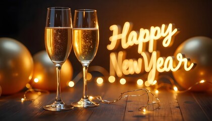 Two glasses of sparkling champagne sit before a glowing "Happy New Year" sign and golden decorations.