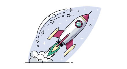 A vibrant, stylized rocket illustration ascends rapidly into a starry sky, symbolizing business growth, technological innovation, and successful project launches.