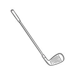 Hand-drawn Golf Club Icon. Black and white doodle sketch of a golf iron. Vector line art illustration of sports equipment.
