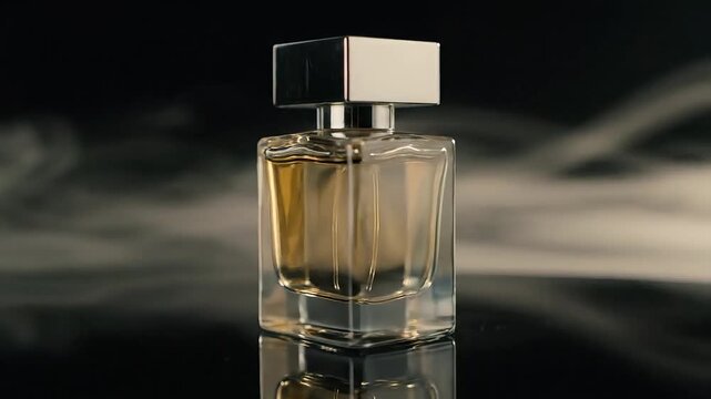 Elegant glass perfume bottle with luxurious liquid and a hint of mist