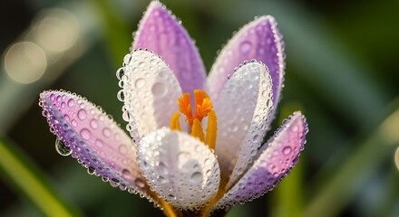 Close up of a delicate purple and white crocus flower with water droplets