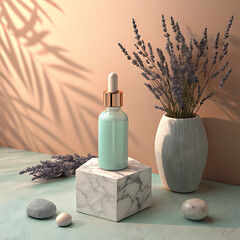 Minimalist skincare product display serene ambiance soft lighting and natural elements illustration