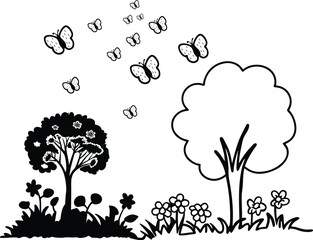Garden Scene Silhouette Vector Illustration &ndash; Trees, Flowers and Butterflies Outline Design