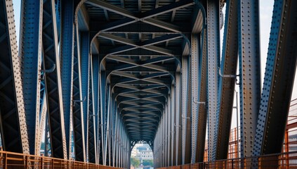 Naklejka premium Looking through the metal structure of a bridge with rivets and beams creating a tunnel effect