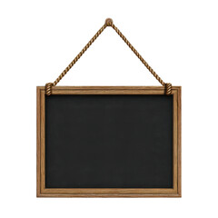 Hanging wooden framed blank chalkboard with rope isolated on Transparent Background