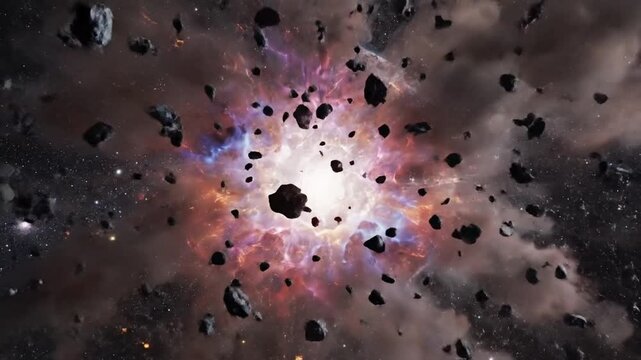 Cosmic explosion in deep space dramatic depiction of a celestial event with glowing fragments against starry background
