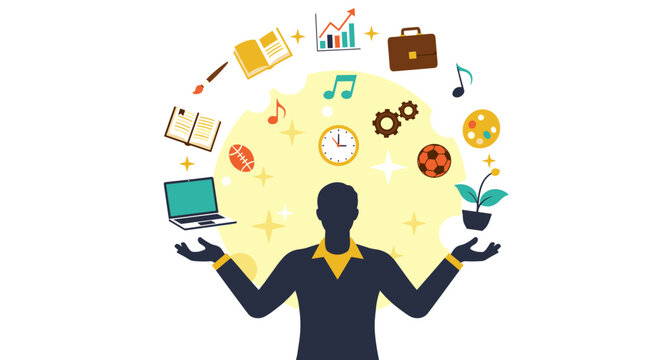 A silhouette figure expertly juggles diverse life elements including work, hobbies, education, and personal growth, symbolizing multitasking and balance. - Powered by Adobe