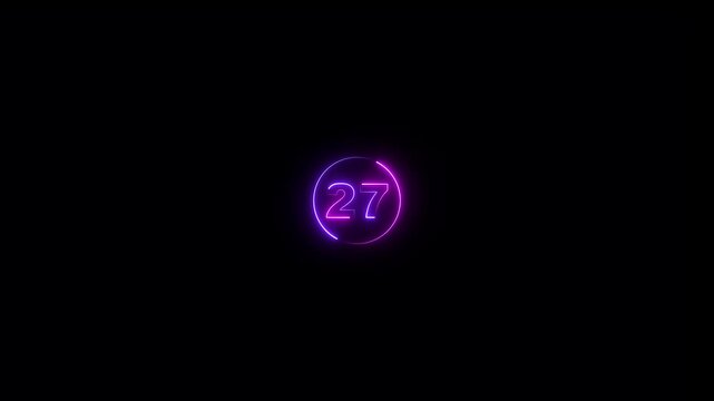 Abstract 27 text neon number animation on the black background. Glowing neon 27 number mathematics count text animation.