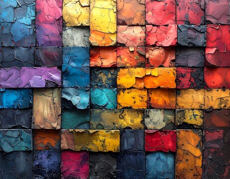 Abstract wall of colorful, textured tiles in varied shapes, forming a vibrant mosaic