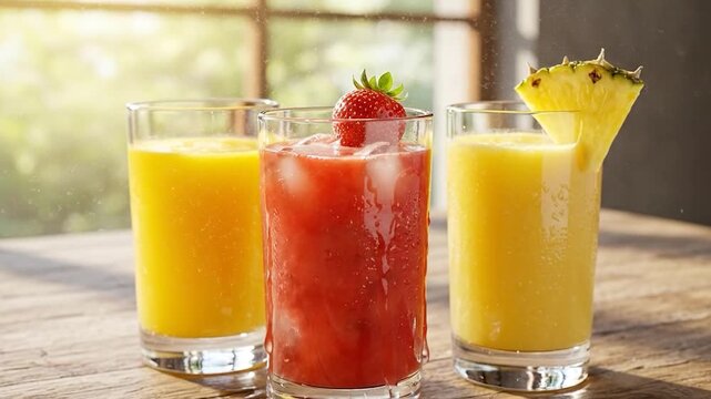 Assorted Fresh Fruit Juice Video on Wooden Table
