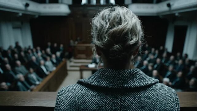 A woman from behind stands in a dramatic courtroom during a trial. Cinematic slow zoom on a witness or lawyer facing the judge. Justice and legal system concept