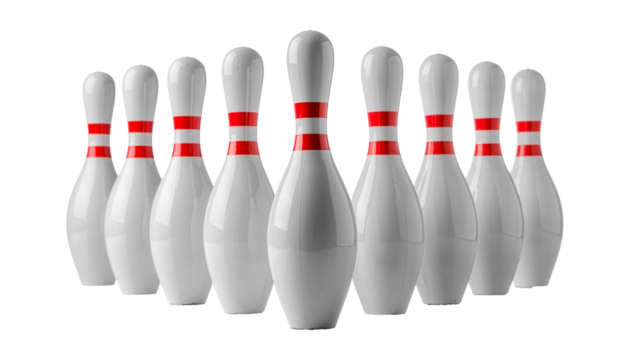Group of Bowling pins. Skittles with red stripes. Bowling pins in pyramid formation isolated on white background