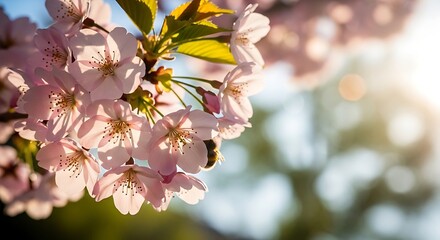 Close up of delicate pink cherry blossoms with sunlight and blurred background