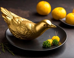 Golden Bird Sculpture on Black Plate with Citrus Fruits.