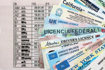 Driving licenses from different countries and American states. Concept of obtaining driving permit