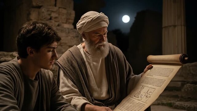 An elderly teacher instructs a young student from an ancient scroll at night. A wise mentor shares knowledge with his disciple in historical ruins. Biblical wisdom and education concept