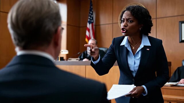 A female lawyer passionately argues a case in a courtroom. An intense prosecutor points accusatorily at a witness during a dramatic trial. The legal system and the pursuit of justice concept