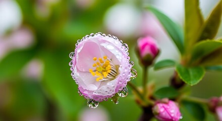 Close up of delicate pink flower with water droplets in natural light