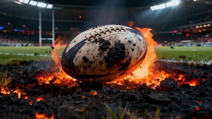 A rugby ball on fire sits on a scorched pitch in a packed stadium. Dramatic close-up of flames and sparks rising from the ground. Intense sports competition and epic action concept.